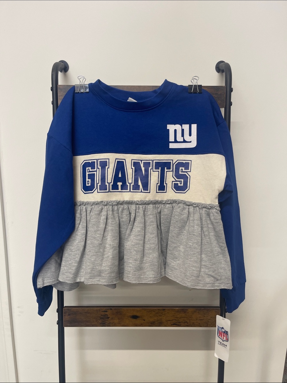 NFL Girls' Royal Blue and Gray Peplum Giants Sweatshirt